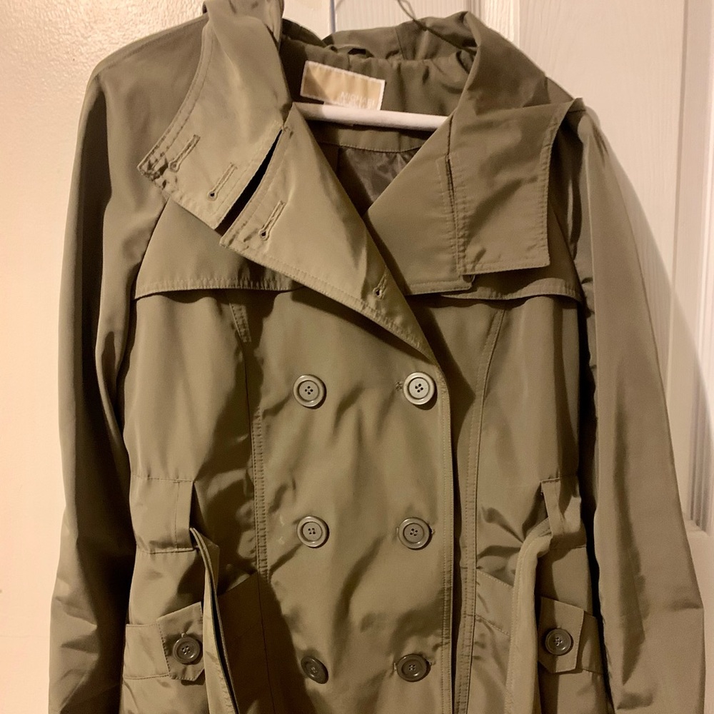 Michael Kors Women's Trench SZ S Cinched Waist Hooded Rain Coat Green Olive